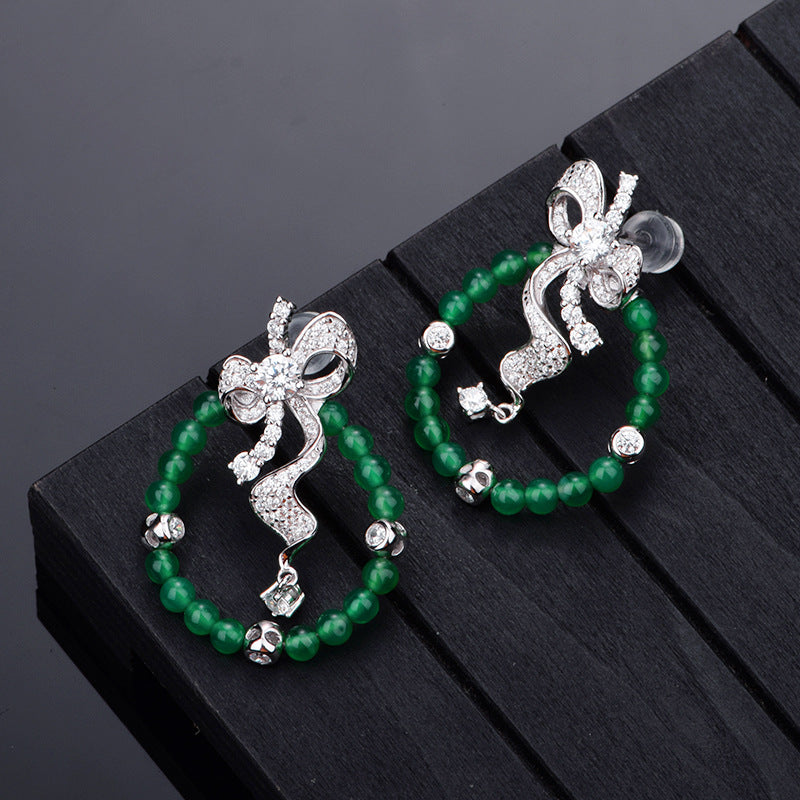 S925 Sterling Silver Bow Hoop Earrings, Round Green Chrysoprase Beaded Dangle Earrings, Platinum Plated 6.4g Elegant Jewelry Gift For Women With Box