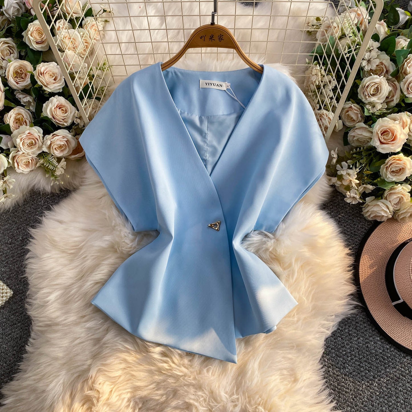 Niche-design Irregular Fashion Single-button Waist-cinching V-neck Top