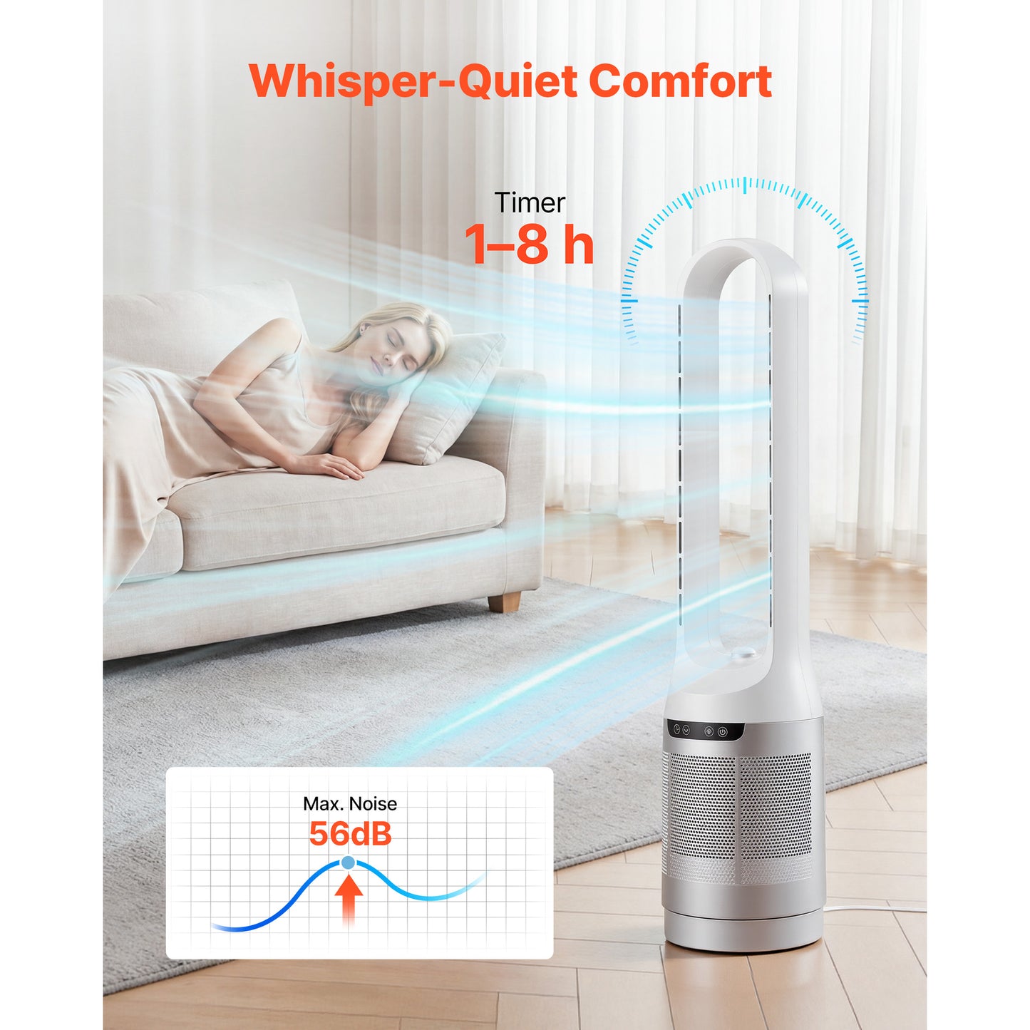 Bladeless Tower Fan, 65 Oscillating Standing Fan, 12 Speeds & 4 Modes & 8H Timer, 14.76 Ft S High Velocity Floor Air Circulator, Powerful Airflow For Bedroom, Living Room, Home, Office, White