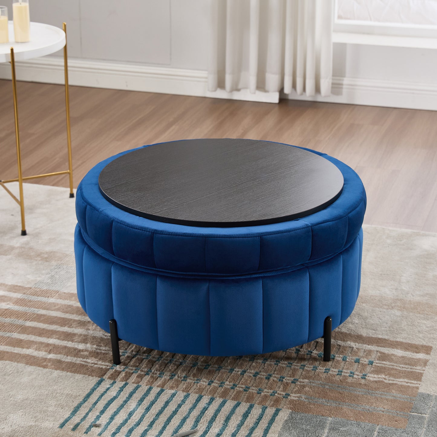 31.5 W Upholstered Round Ottoman With Reversible Lid, Velvet Storage Stool, Channel Tufted Pumpkin-shape Footstool For Living Room, Bedroom And Office, Navy