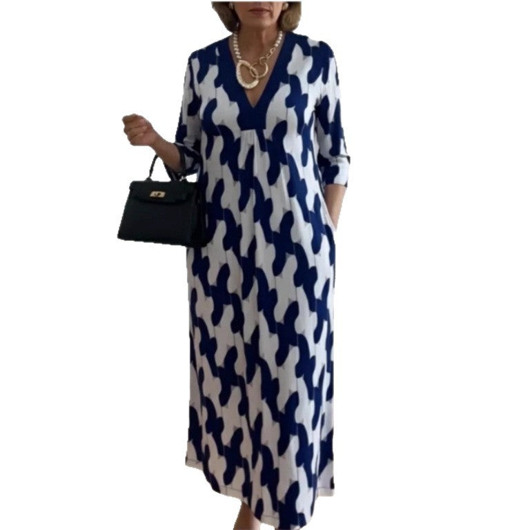 SpringSummer New Womens V-neck Printed Dress