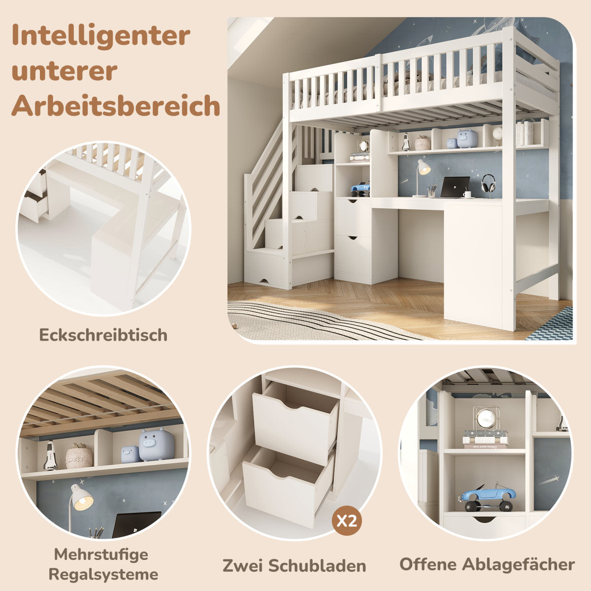 AB403889012W Loft Bed For Children 90x200 Cm White With Stair Cupboard And Corner Desk Under The Bed, Storage Space And Drawers, Space-saving Wooden Bed For Children And Teenagers, Without Mattress