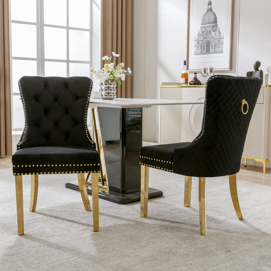 Dining Chair Kitchen Chair Living Room Chair With Unique Round Pull Rings On The Back, 2 Pcs, Upholstered Chair With Nailhead Trim, Gold Plated Stainless Steel Support Legs, Velvet, Black Gold