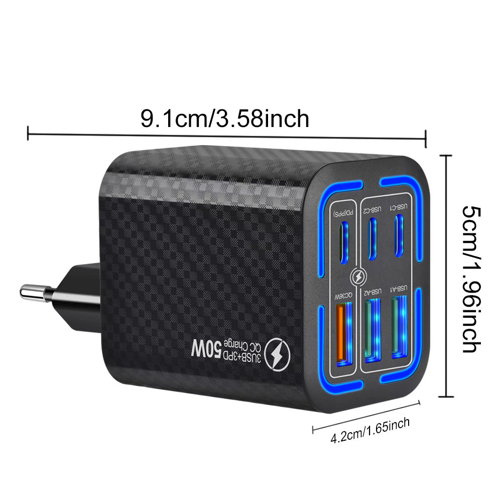 50W 6Ports 3USB 3PD Multi-interface Fast Charging Mobile Phone Charging Plug