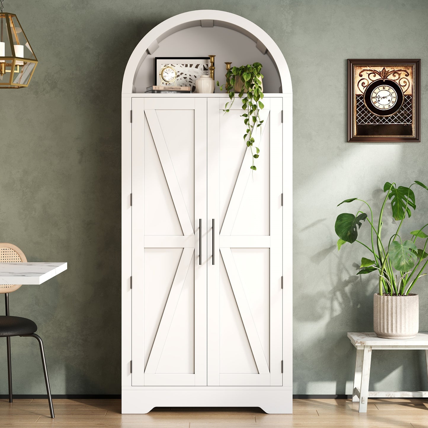 170x70x35cm High, Arched Cabinet, Kitchen Cabinet, Display Case, Wine Cabinet, With Storage Above The Door And Open Top Part, Suitable For Kitchen, Dining Room, Living Room And Bedroom White