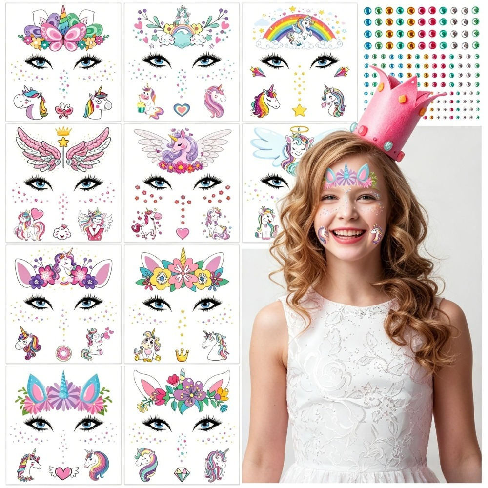 Set Of 10 Unicorn Face Stickers With Glitter Decorations For DIY Decorating Of Accessories And Diaries—Party Supplies Set