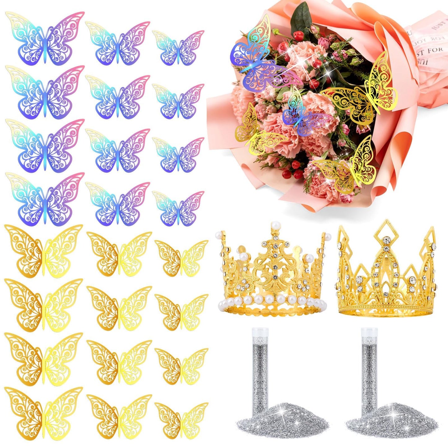 Flower Bouquet Accessories Set 24pcs 3D Hollow Butterflies 2pcs Gold Crowns 2 Tubes Of Sliver Glitter Powder,Mini Crowns For Mothers Day Cake Decoration Flower Accessories For Wedding Party