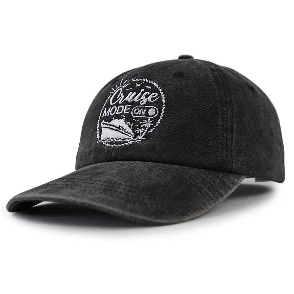 2pcs Cruise Mode On Embroidered Baseball Cap, Vintage Washed Distressed Hat For Men Women, Summer Beach Vacation Cruise Trip Gift