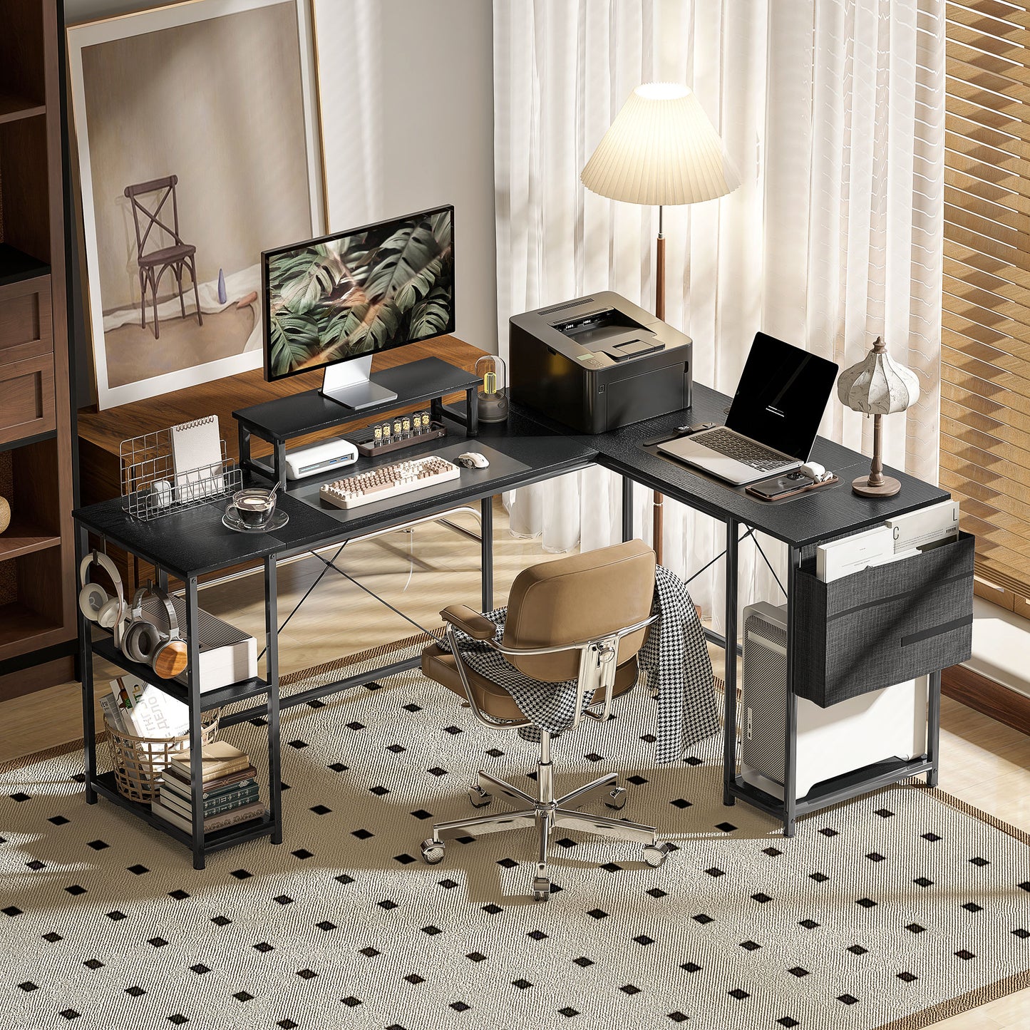 168cm Reversible L Shaped Desk, Industrial Corner Computer Desk With Adjustable Shelf And Storage Bag, 240cm 2 Person PC Table With Monitor Stand, Black