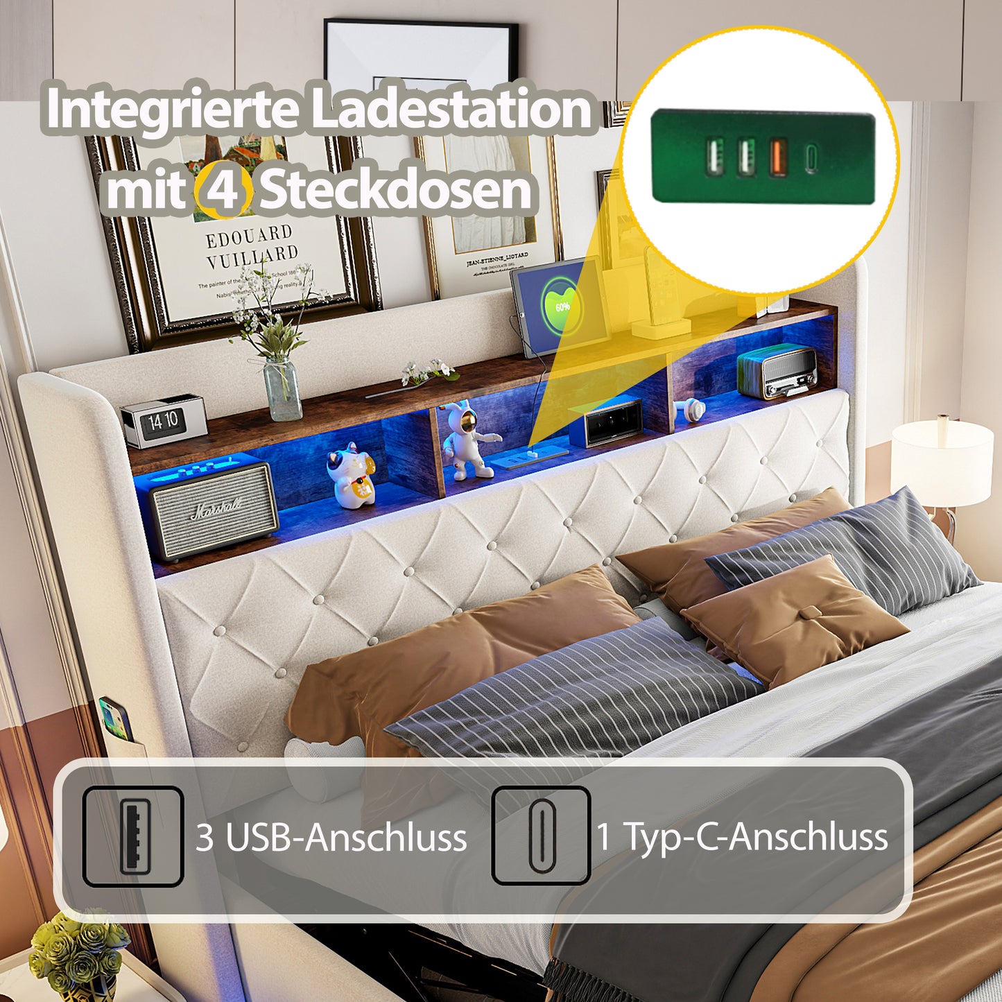 LED Upholstered Bed 180 X 200 Cm, Upholstered Storage Bed With USB Charging Port And Hydraulic Storage, Skin-friendly Linen Fabric, Beige