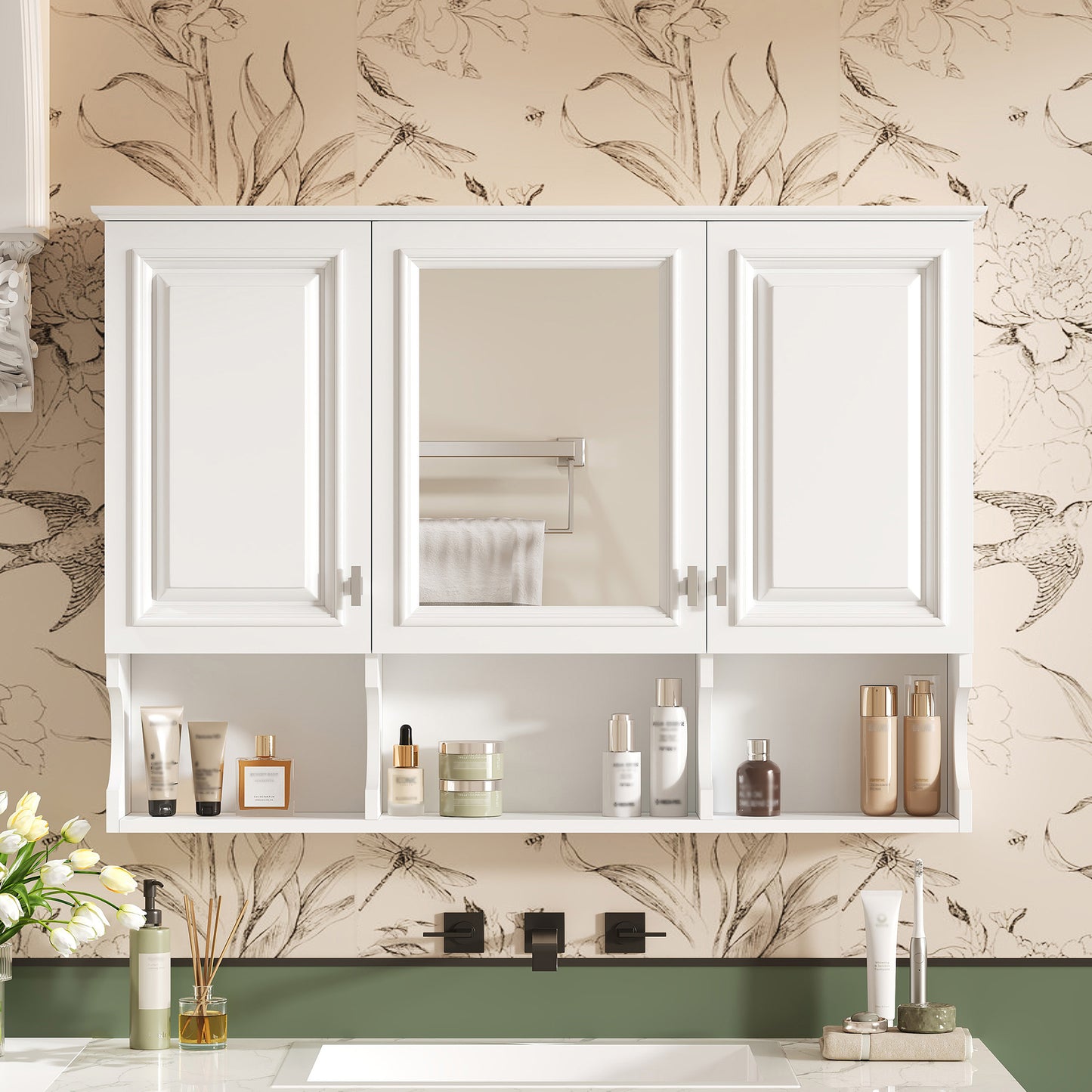 41 Inch Mirror Medicine Cabinet With Open Shelves, Wall Mounted Home Storage With Doors & Mirror, Adjustable Shelf, Bathroom Storage Cabinet Over Toilet