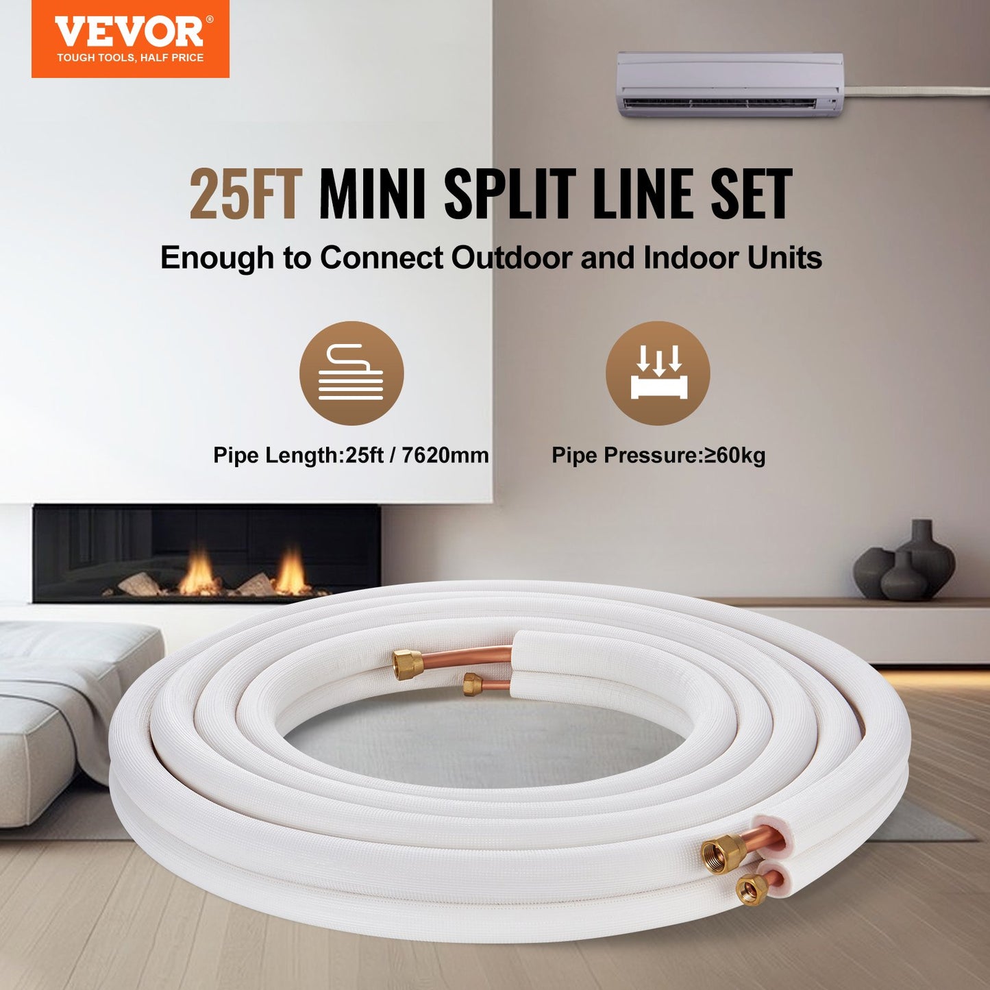 25FT Mini Split Line Set, 1/4" & 1/2" O.D Copper Pipes Tubing And Triple-Layer Insulation, For Mini Split Air Conditioning Refrigerant Or Heating Pump Equipment & HVAC With Wrapping Strips.