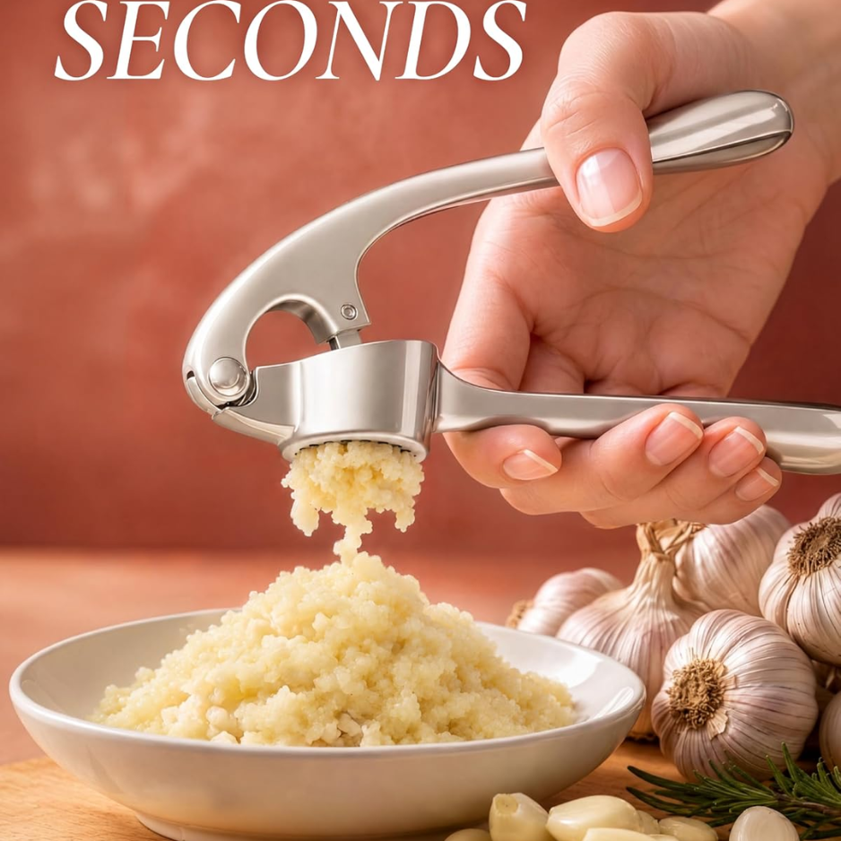 Premium Rust-Proof Garlic Press Set - Easy-Squeeze Mincer With Silicone Peeler & Brush