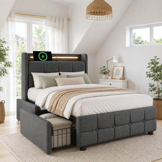 Upholstered Bed With Charging, USB Charging Function, Headboard And LED Lighting And 2 Drawers, Single Bed 90x200cm, Storage Beds, Bed Frame, Wooden Slatted Base, Grey  Without Mattress