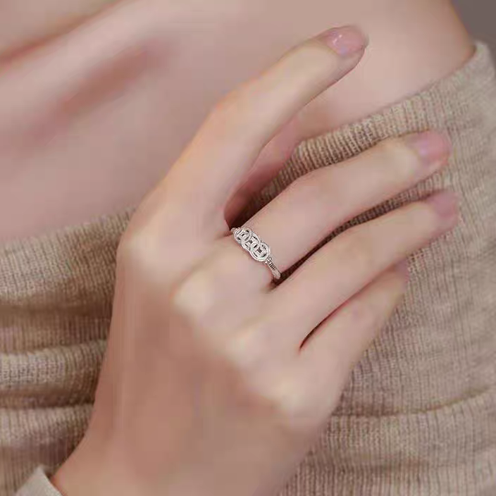 1pc 999 Sterling Silver Zircon Inlaid Coin Open Ring, Retro & Lucky Design, Perfect For Daily, Festivals & Gifting, Ideal Valentine's Gift