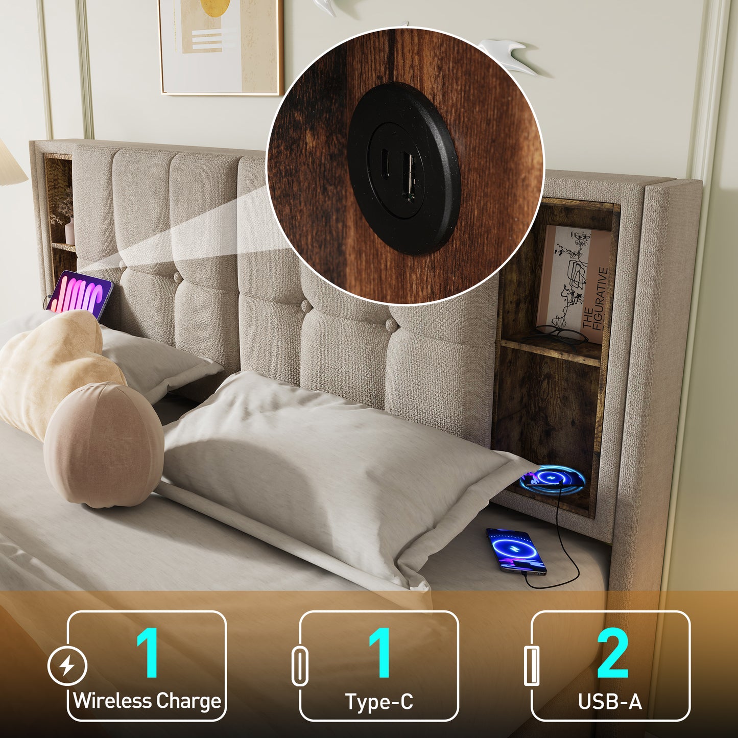 Double Bed With Wireless Charging USB C, Upholstered Bed Bed Frame 140x200cm, Bed Frame With Storage Slatted Base Made Of Wood - Natural Linen  With Mattress