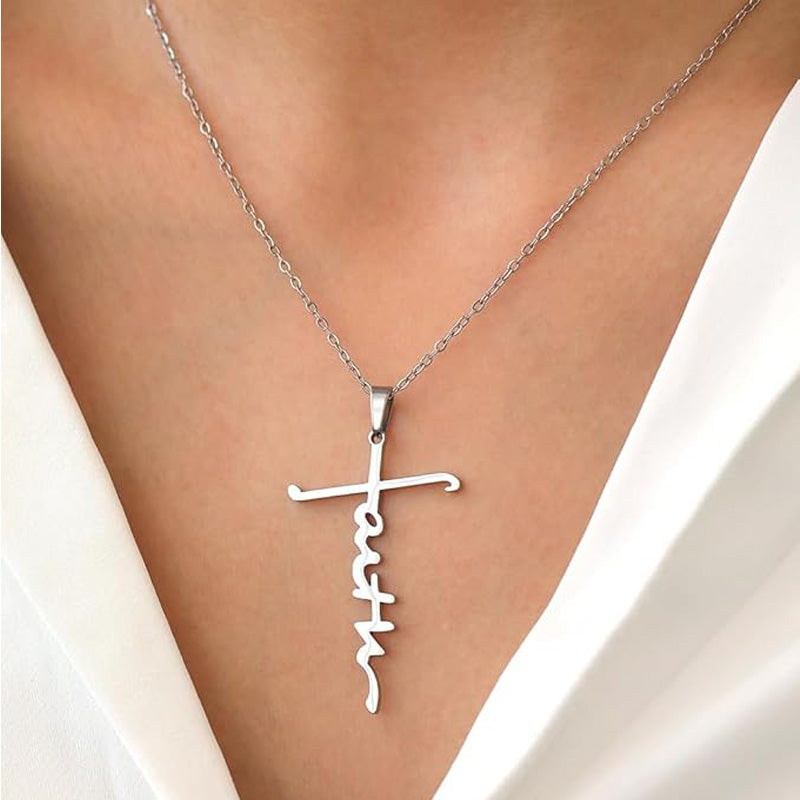 4PCS Faith Necklace For Women Christian Cross Faith Word Church Prayer Religious Pendant Necklace Christian Religious Jewelry Gift,2 Gold 2 Silver