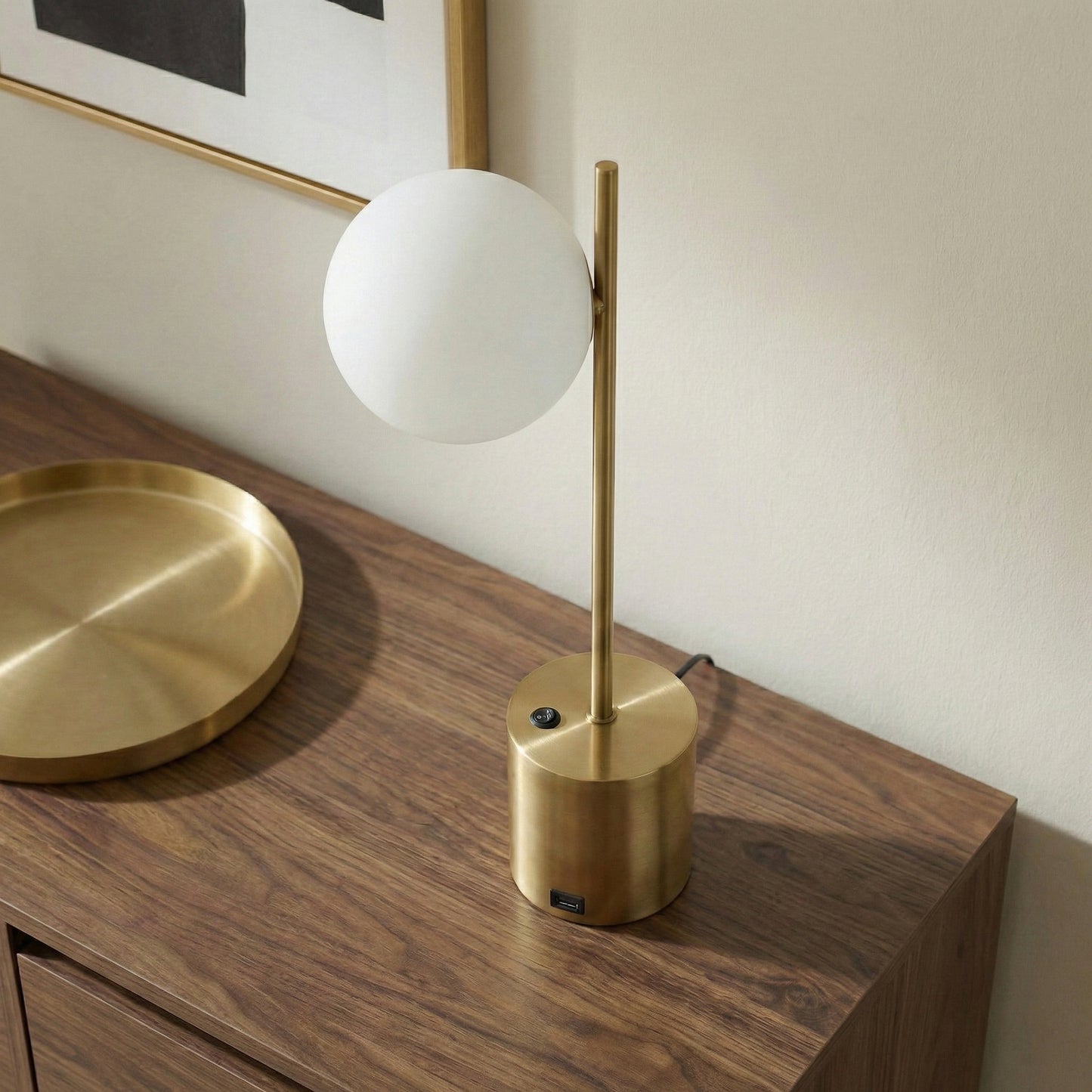 Ethereal Modern Small Brass Metal Table Lamp With White Glass Globe Shade, Elegant Desk Lamp Fixture 22  H X 9.3  W X 5.8  D For Living Room, Desk Lamps For Office Reading