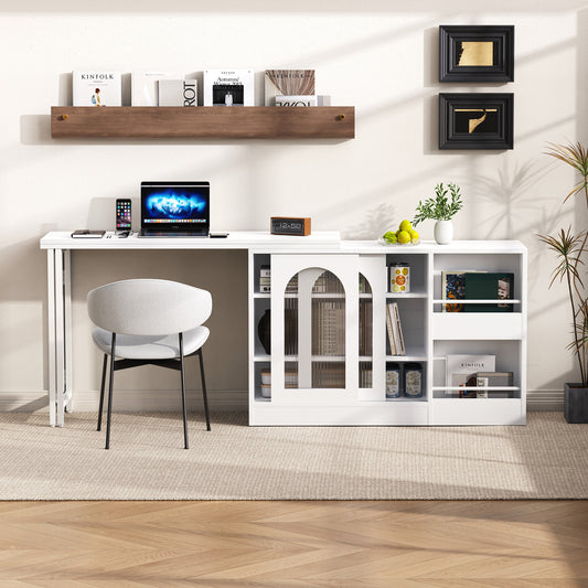Modern Bar Table, Extendable 360 Swivel Bar Table With Storage, Reversible Table Sideboard Bar With Glass Cabinet Door, Bar Table For Kitchen Coffee Bar Furniture, White