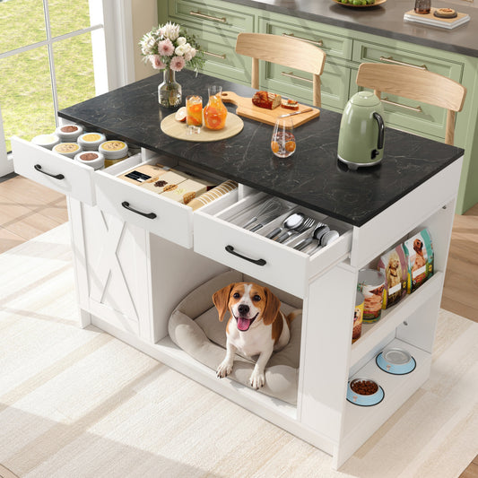 Kitchen Island, Cabinet With 3 Drawers, 1 Spice Rack, Adjustable Shelf Top, Double Shelf Without Dog Food Plate, Spacious Pet Storage Area Without Dog Cushion, 120x60x90 Cm, White