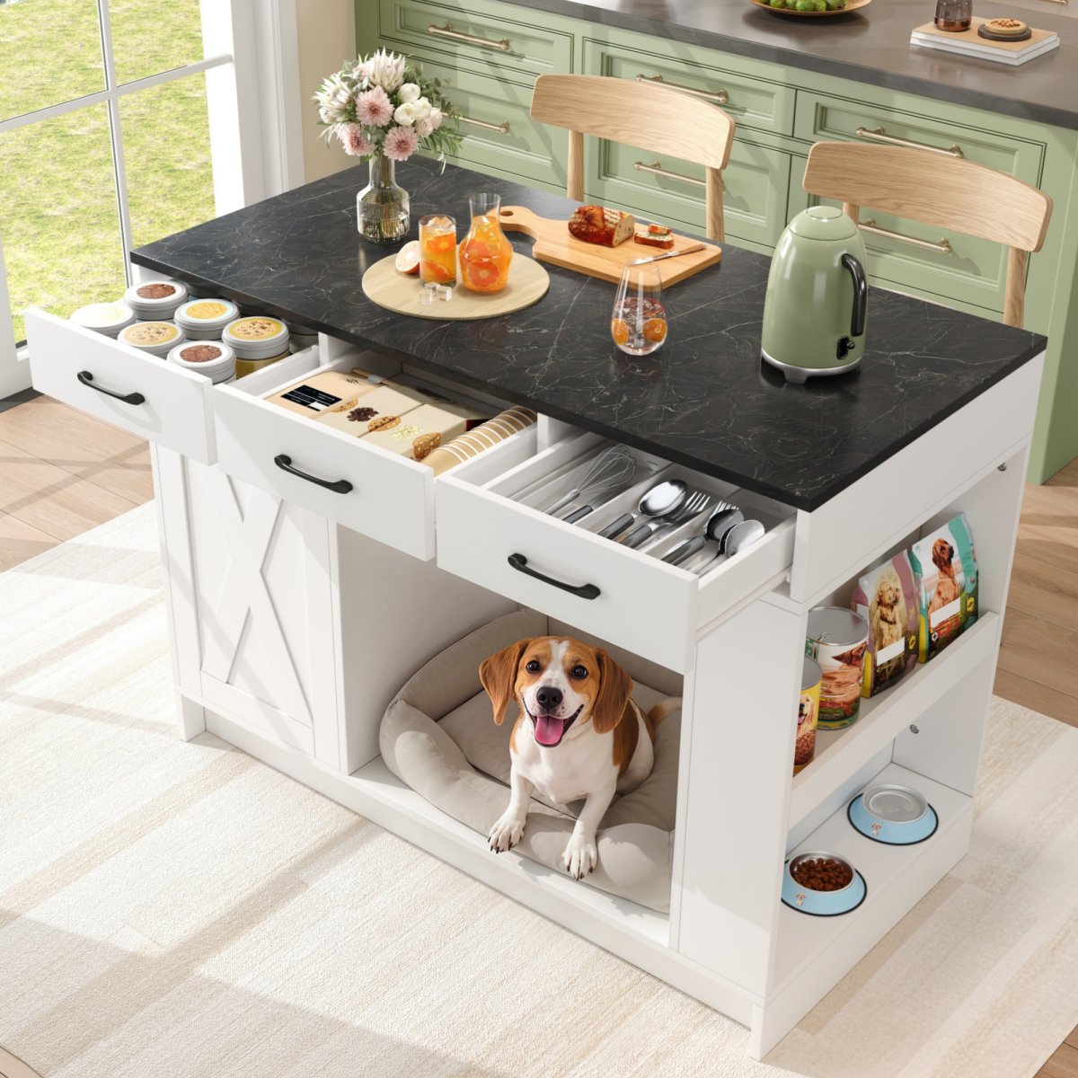 Kitchen Island, Cabinet With 3 Drawers, 1 Spice Rack, Adjustable Shelf Top, Double Shelf Without Dog Food Plate, Spacious Pet Storage Area Without Dog Cushion, 120x60x90 Cm, White