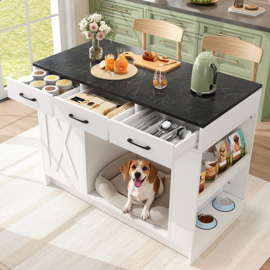 Kitchen Island, Cabinet With 3 Drawers, 1 Spice Rack, Adjustable Shelf Top, Double Shelf Without Dog Food Plate, Spacious Pet Storage Area Without Dog Cushion, 120x60x90 Cm, White