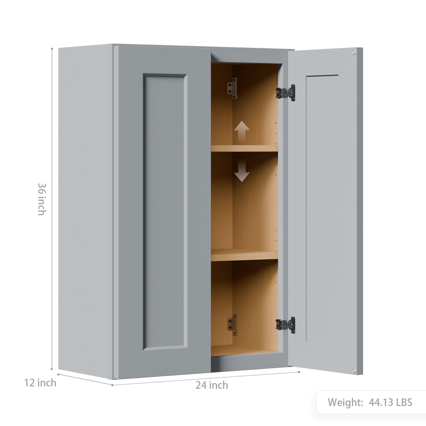 Gray Shaker Solid Wood Wall Cabinet With Soft-Close Doors, Adjustable Shelves - 24  Double Door Storage For Kitchen, Bathroom, Laundry, Garage  Easy Assembly, 24 W X 12 D X 36 H