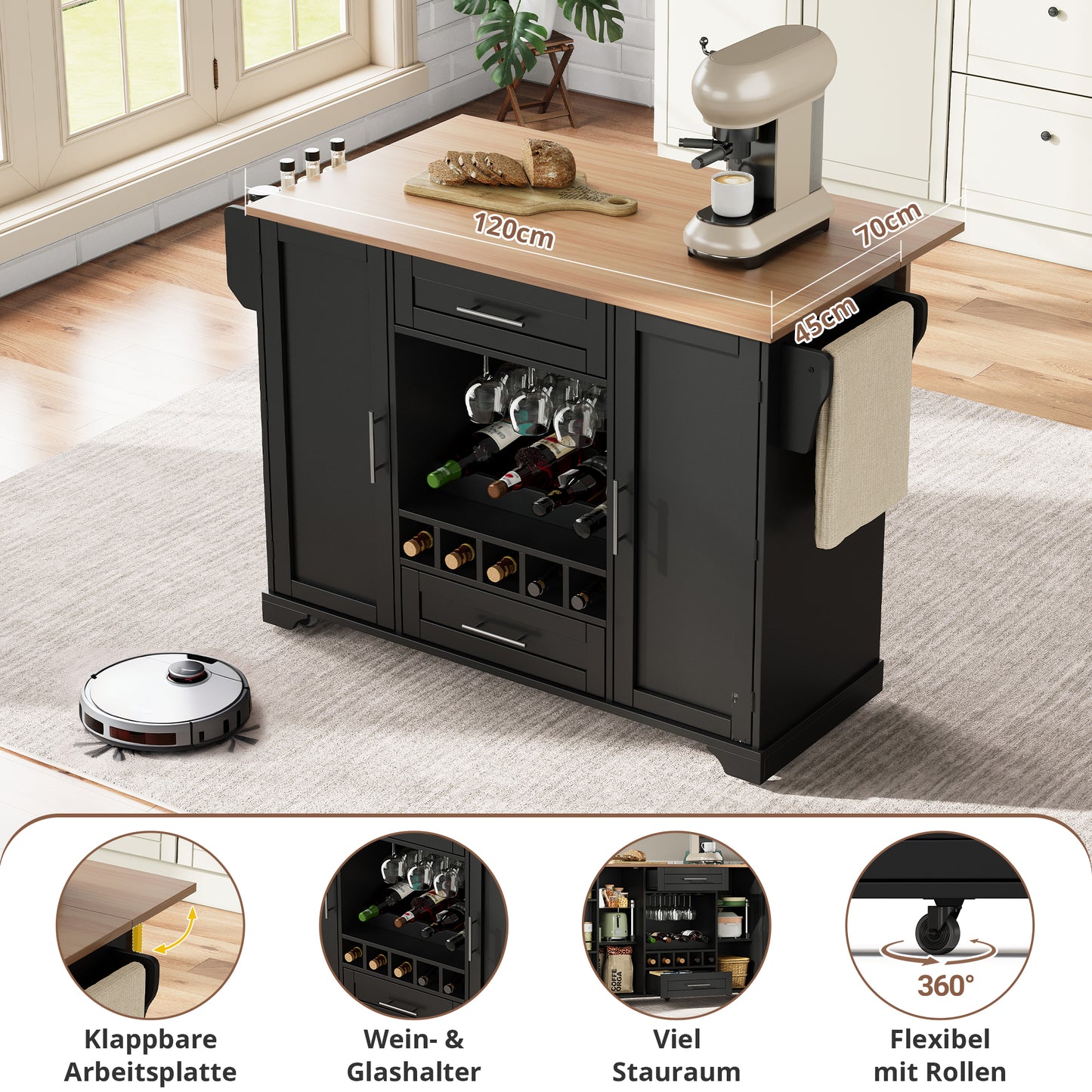 Kitchen Trolley With Folding Worktop, Kitchen Island On Wheels With Wine Rack, Glass Holder, Spice Rack & Towel Rack, 120x45-70x92cm, Black  Multifunctional Serving Trolley With Storage