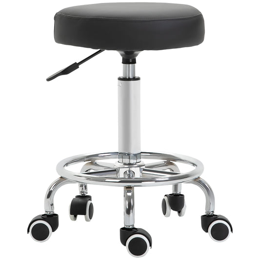 Vinsetto Round Rolling Stool, PU Leather Height Adjustable Stool Chair With Wheels And Swivel Seat For Salon, Massage, Spa, Home Kitchen, Black
