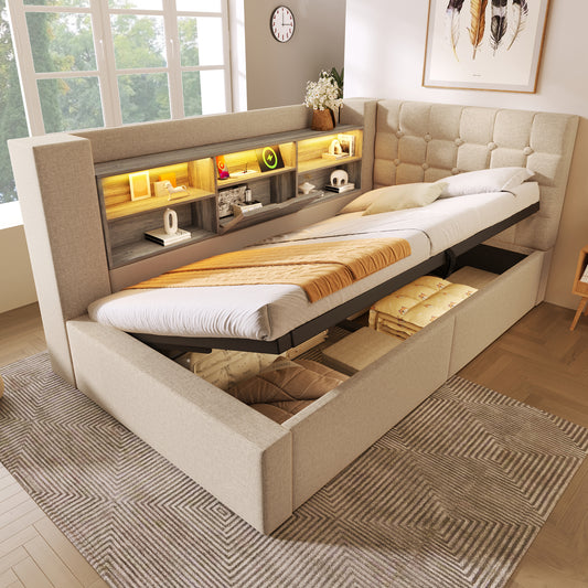 Upholstered Bed 90x200 Cm Single Bed With LED Lighting, Hydraulic Storage, L-shaped Headboard With Storage, Can Be Mounted On Both Sides, Slatted Base, Linen Fabric, Beige  Without Mattress