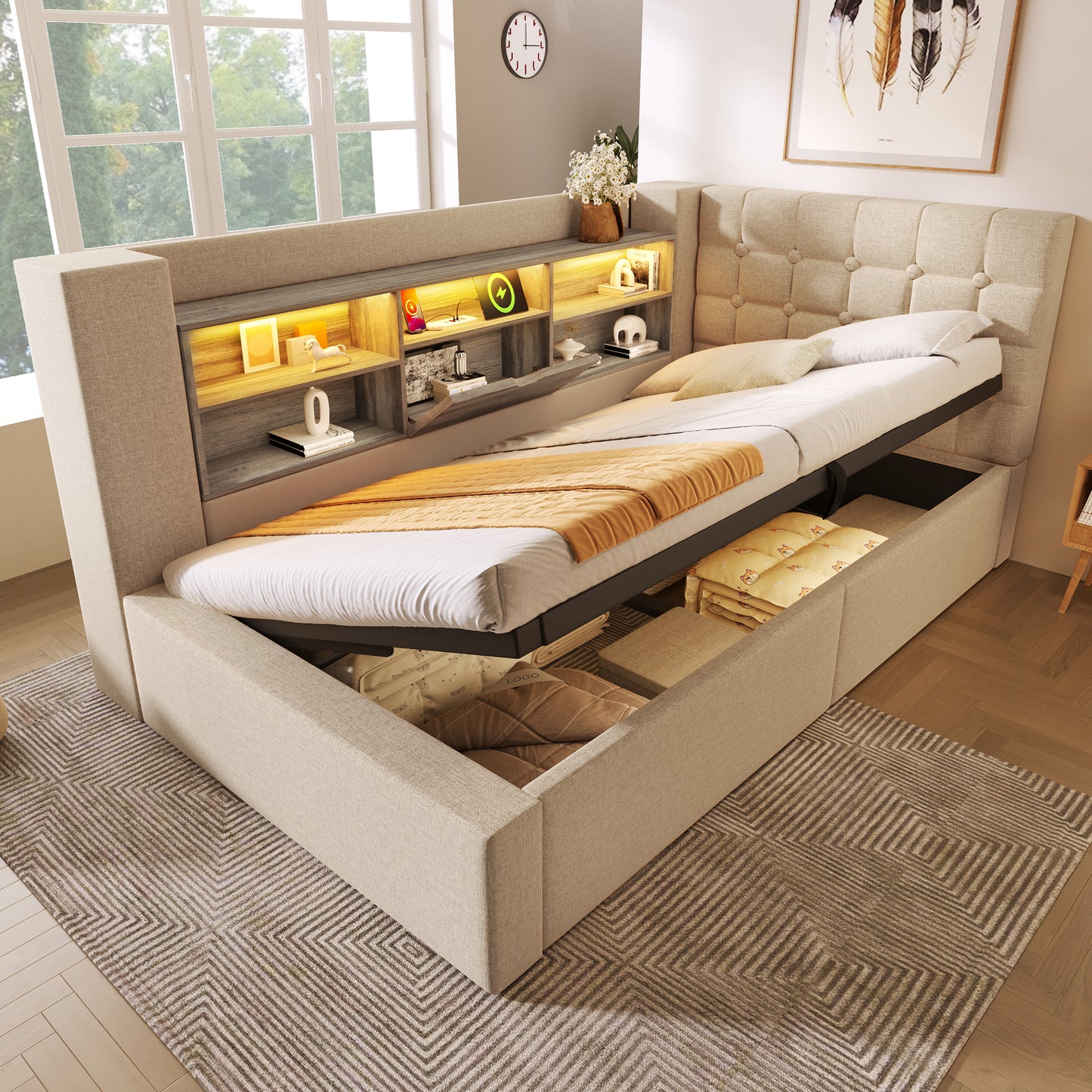 Upholstered Bed 90x190 Cm Single Bed With LED Lighting, Hydraulic Storage, L-shaped Headboard With Storage, Can Be Mounted On Both Sides, Slatted Base, Linen Fabric, Beige  Without Mattress