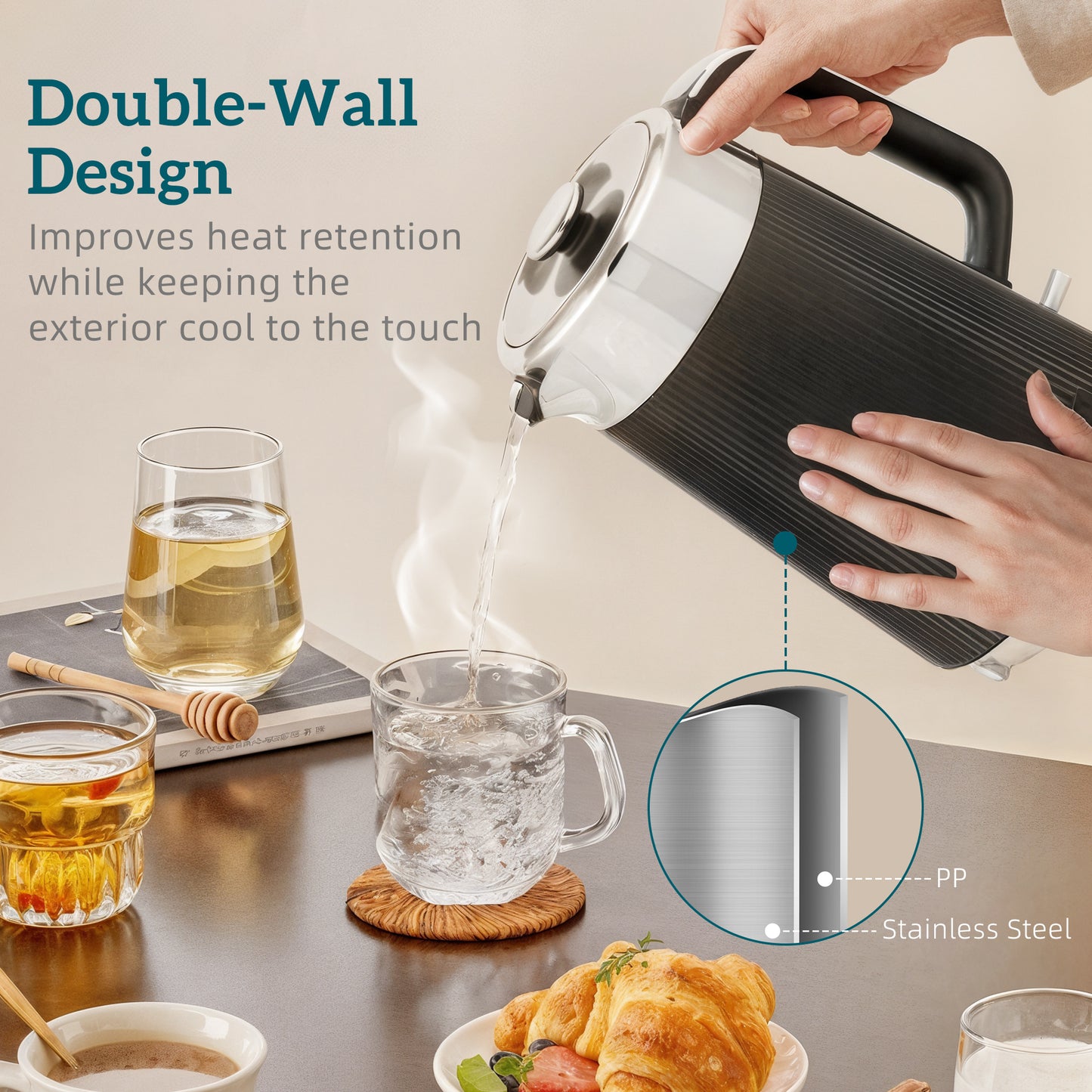 Electric Stainless Steel Kettle And Toaster Set, 3000W 1.7L UK Strix Thermostat Fast Boil Kettle W/ Limescale Filter, Cool Touch Body, 4 Slice Toaster With 7 Browning Levels, Crumb Tray, Black