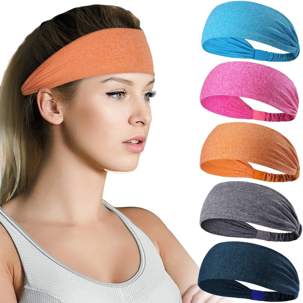 5 Pack Beister Sports Headbands For Men & Women Wicking Sweatbands, Elastic Non Slip Sweat Bands Athletic Workout Fashion Wide Hair Bands For Running Cycling Basketball Yoga