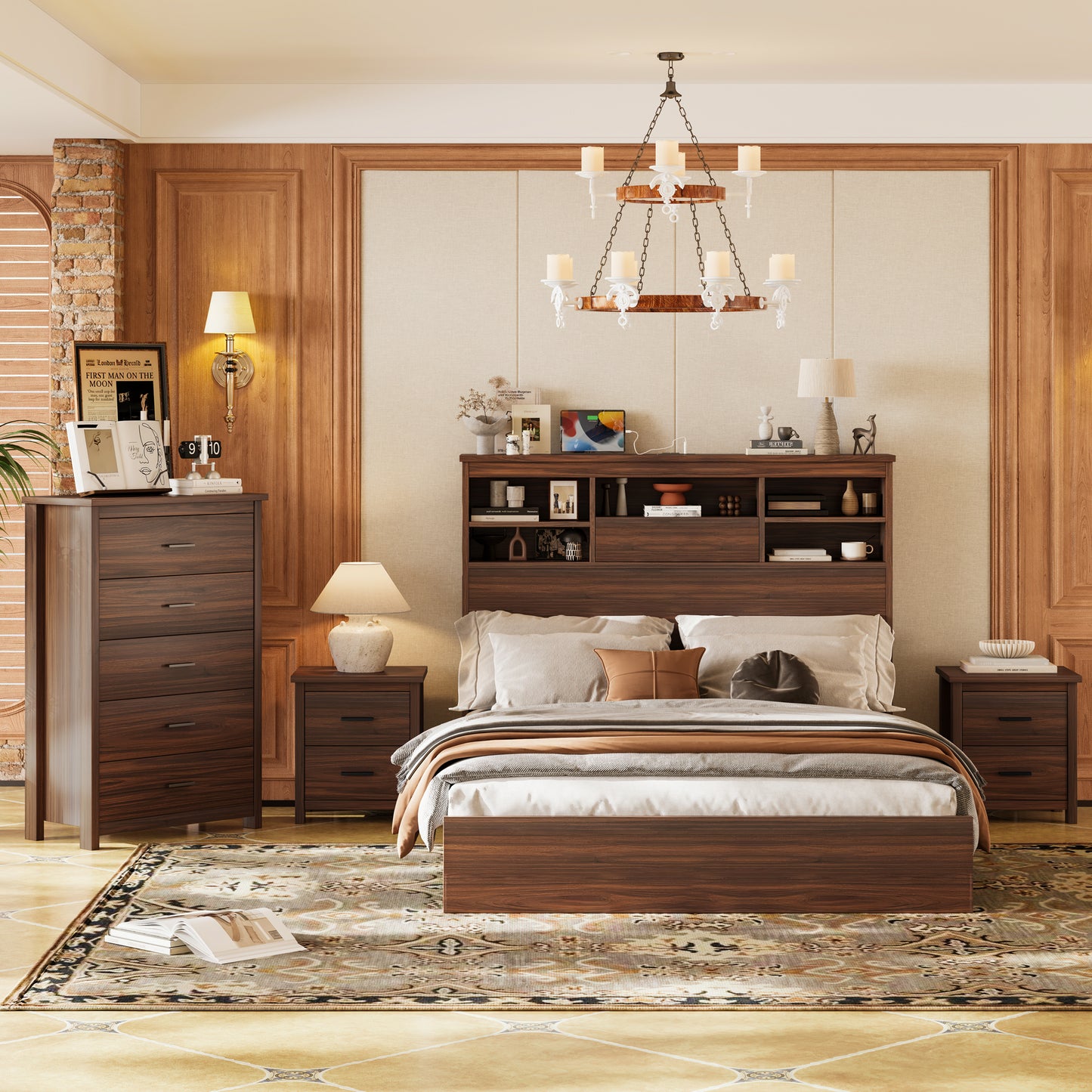 4PCS Bedroom Sets, Wooden Queen Size Bed Frame With Storage Headboard And Charging Station, 2 Nightstands With 2 Drawers, 1 Dresser With 5 Drawers, Walnut Old SKU HL000102AAD