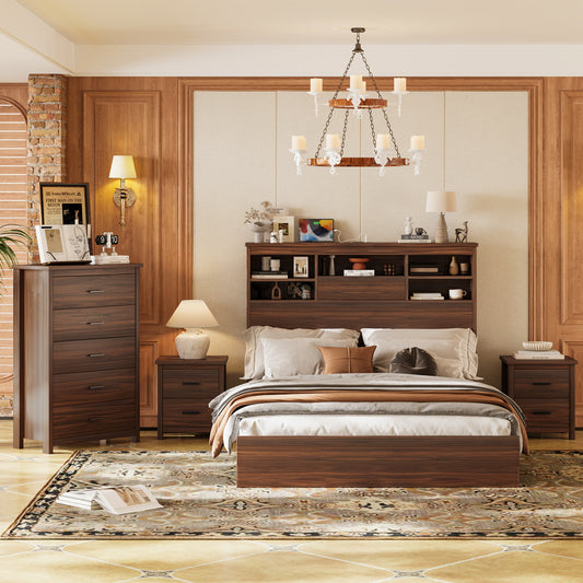 4PCS Bedroom Sets, Wooden Queen Size Bed Frame With Storage Headboard And Charging Station, 2 Nightstands With 2 Drawers, 1 Dresser With 5 Drawers, Walnut Old SKU HL000102AAD