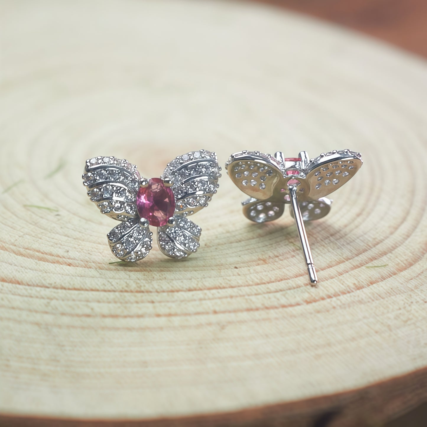 Oval  CZ Center Full Pave White Crystal Butterfly Stud Earrings For Women, Copper Silver Plated Vintage Wedding Daily Statement Jewelry Gift