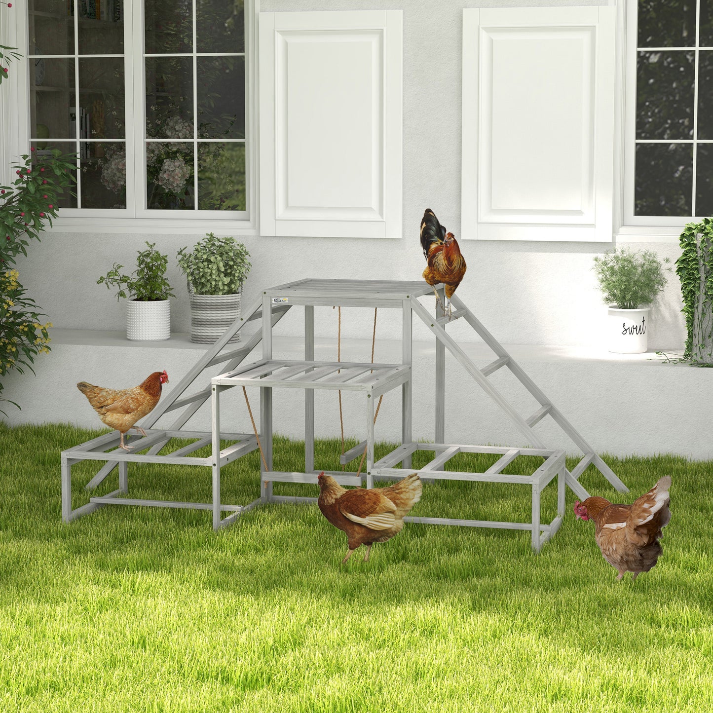 Chicken Roost Toys For Chickens Hens, Coop Accessories With Wood Stand, Ladder Platforms, For 10-15 Chickens