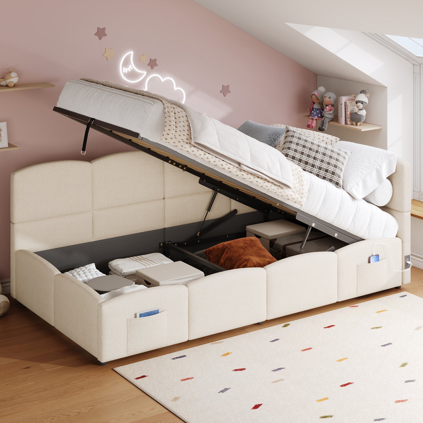 Upholstered Sofa Bed 90 X 190 Cm, 3-ft Single Daybed, Children's Bed, Single Sofa Bed With Slatted Frame, Hydraulic Storage, USB Charging, Boucle, Beige Without Mattress