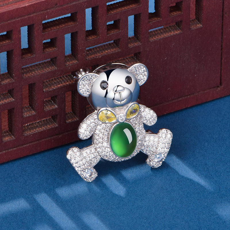 S925 Silver Pave Bear Brooch 8x6mm Oval Green Chalcedony 7g Platinum Plated Fashion Gift Box