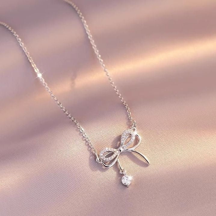 1pcs 999 Sterling Silver Bowknot & CZ Drop Necklace, Elegant Trendy Style, Ideal For Birthday & Valentine's Gifts