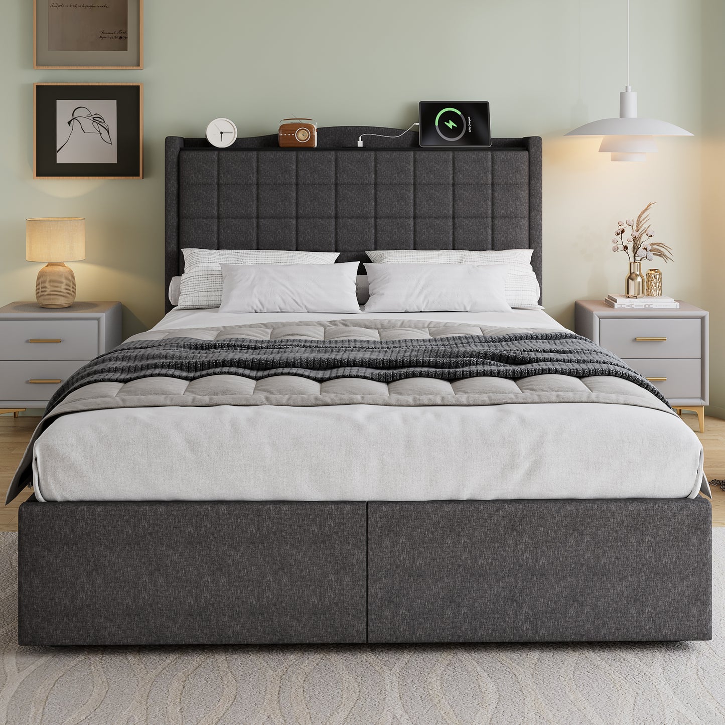 Upholstered Bed, 4ft6 Double Bed 135x190cm, Storage Bed, Soft Backrest, 4 Drawers With Pulleys, Metal Under-bed Bracket, With Bed Slats, Charging Port,For Adults & Teenagers, Linen, Grey   No Mattress