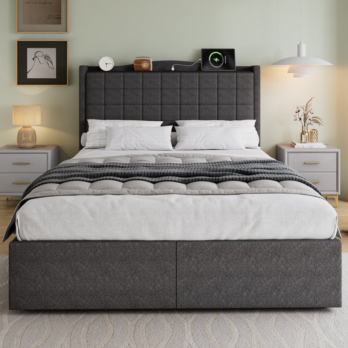 Upholstered Bed, 4ft6 Double Bed 135x190cm, Storage Bed, Soft Backrest, 4 Drawers With Pulleys, Metal Under-bed Bracket, With Bed Slats, Charging Port,For Adults & Teenagers, Linen, Grey   No Mattress