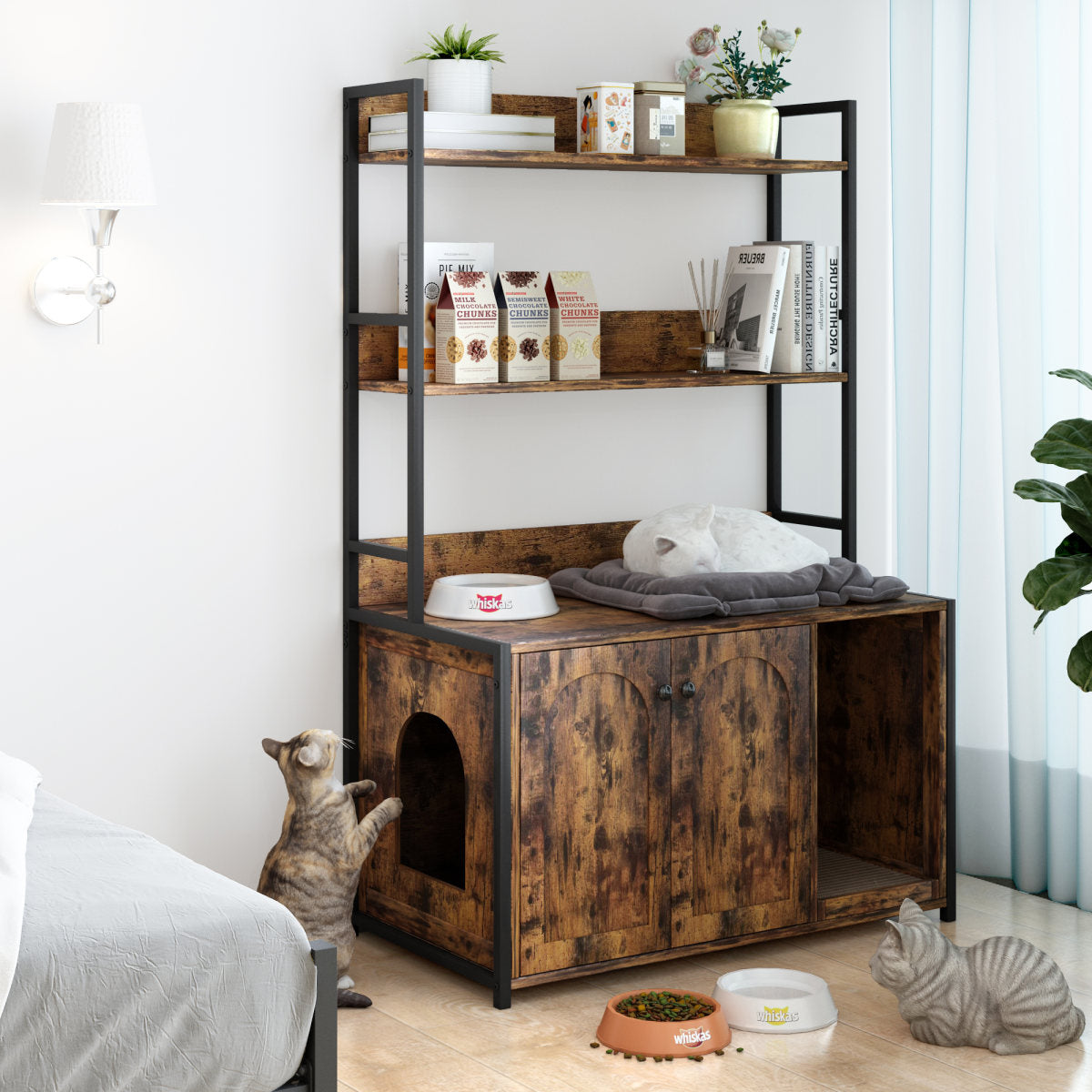 Large Cat Litter Box Enclosure With Storage Shelf, Hidden Cat Washroom Furniture, Wooden Cat House With Scratch Pad, Sturdy Indoor Pet Cabinet With 2 Doors For Odor Control, Brown