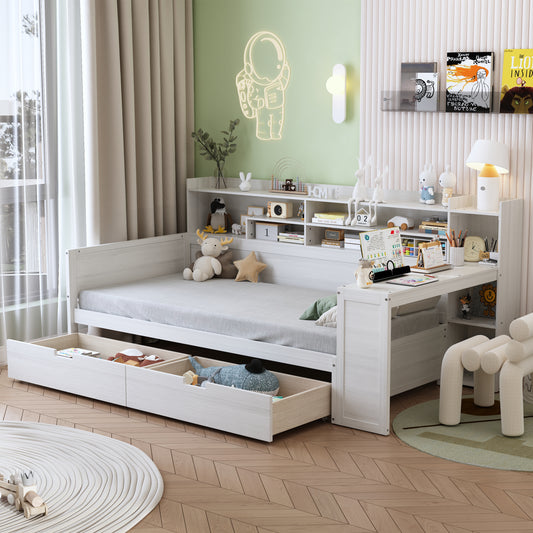 Wooden Twin Size Daybed With Storage Shelves, Multi-functional Bed With Two Storage Drawers And  Study Desk, Antique White