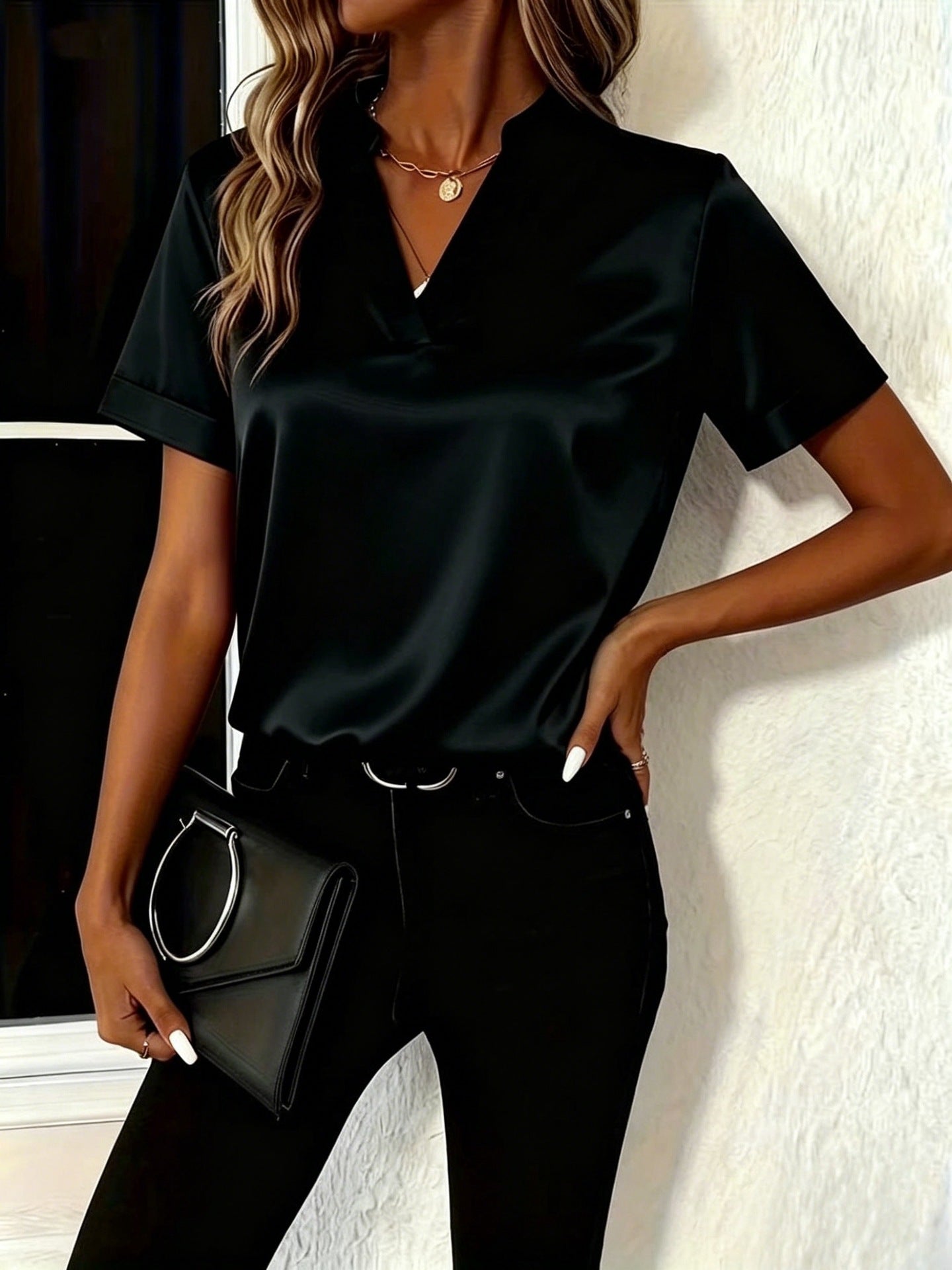 Women's Satin V-Neck Short Sleeve Blouse - Elegant Stand Collar Office Wear Top, Multiple Colors Available