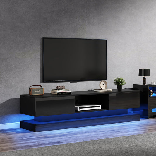 160x35x40.5cm Black High Gloss TV Stand With LED Lighting, 2 Drawers, Application Control, Anti-Tilt Design, Suitable For 60 Inch TV, TV Cabinets, TV Lowboard