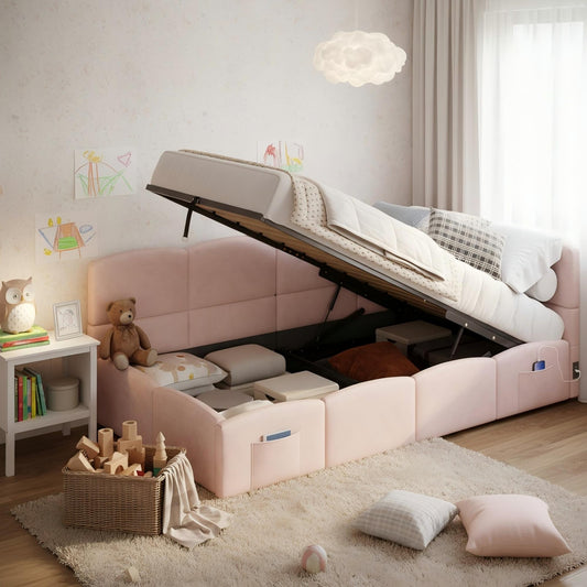 Upholstered Sofa Bed 90 X 190 Cm, 3-ft Single Daybed, Children's Bed, Single Sofa Bed With Slatted Frame, Hydraulic Storage, USB Charging, Velvet, Pink Without Mattress