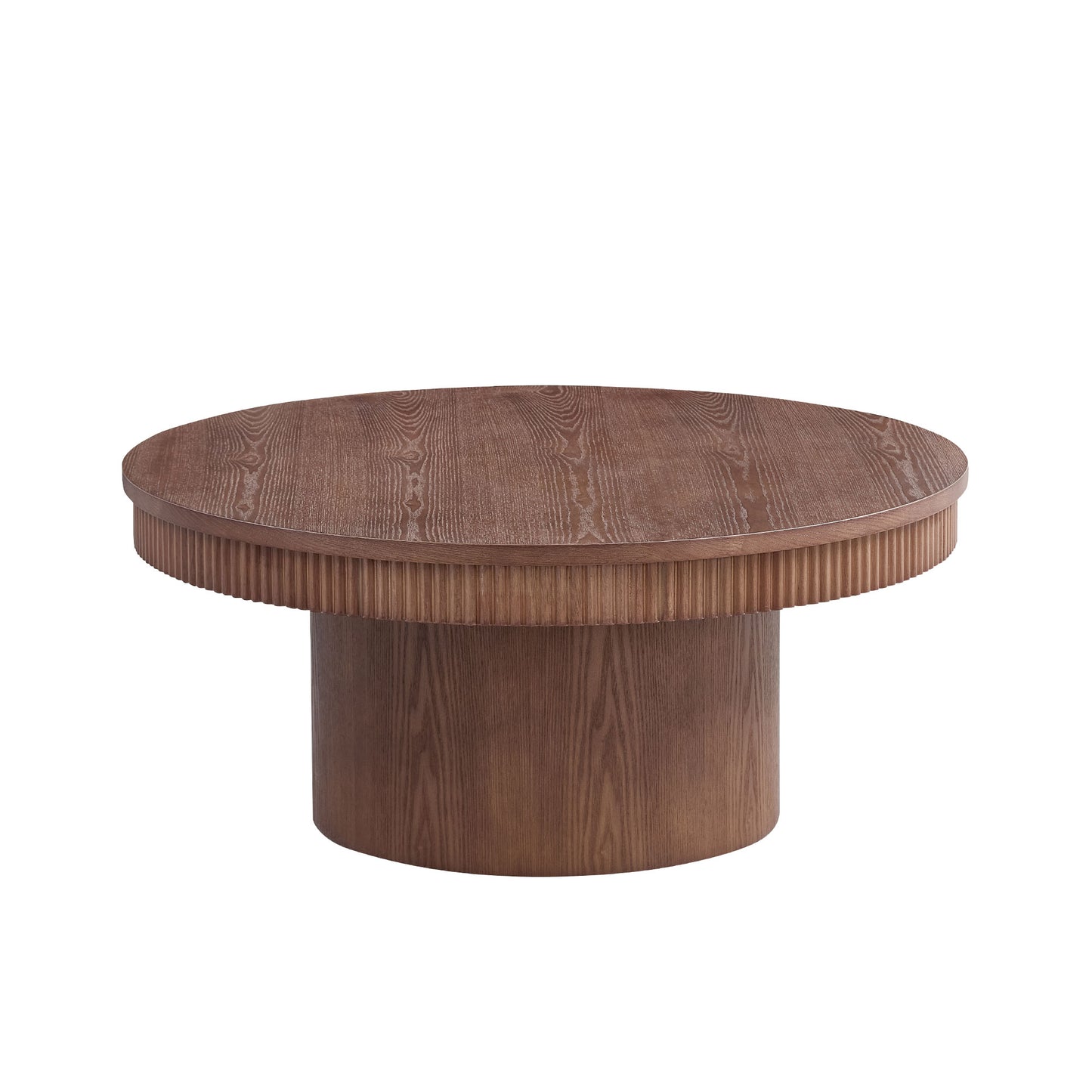 35.43 Inch Walnut Round Coffee Table With Solid Wood Ribbed Wave Trim,MDF Wood Veneer Table For Living Room,Apartment,Office