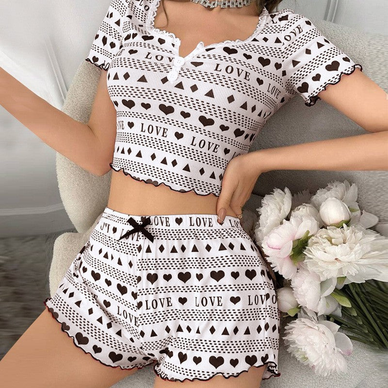 New-Style Home Printed Ribbed Heart-Button Womens Pajama Set
