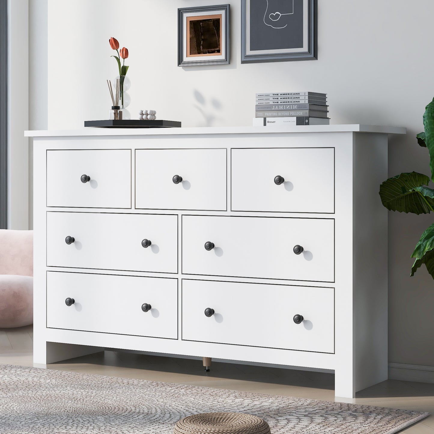 Modern Minimalist Large Capacity Dining Room Cabinet With Multiple Drawers, White Coffee Bar Cabinet With 7 Drawers For Entryway, Kitchen, Dining Room And Living Room